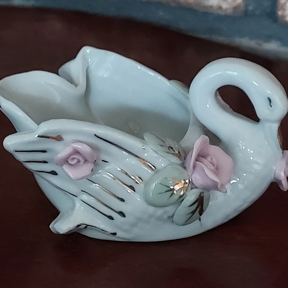 Vintage Porcelain Swan With Roses Figurine Trinket Dish Hammer Brand Japan